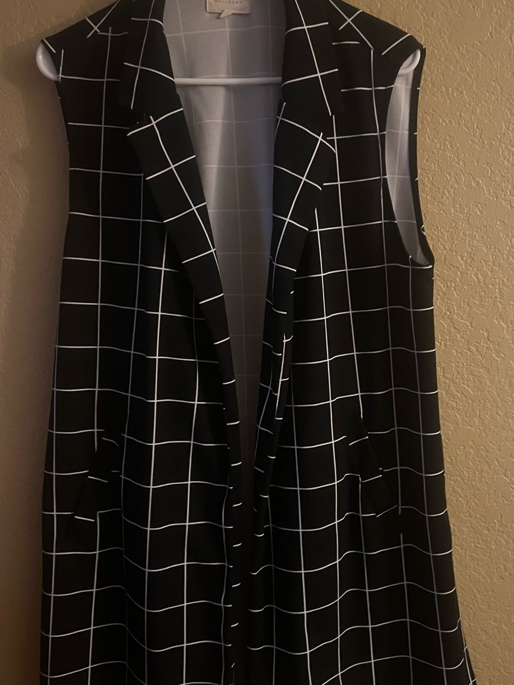MELLODAY Black Windowpane Sleeveless Long Vest